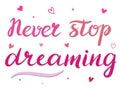 Never stop dreaming - vector Inspirational, handwritten quote. Motivation lettering inscription