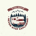 Never stop exploring. Summer camp. Vector illustration Concept for shirt or logo, print, stamp or tee. Vintage Royalty Free Stock Photo