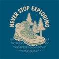 Never stop exploring typography with travel sneakers hand drawn illustration Royalty Free Stock Photo