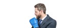 Never stop fighting. Businessman in boxing position. Professional man in boxing gloves Royalty Free Stock Photo