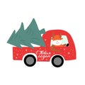 Russian translation: Happy new Year. Cute orange bull drive in red car with evergreen christmas tree. Christmas and Chinese New Y Royalty Free Stock Photo