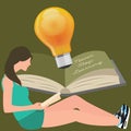 Never stop learning, girl reads book, light bulb shines