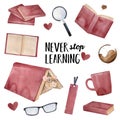 `Never Stop Learning` greeting card design with little positive pet mouse wearing eye glasses and various fun education elements.