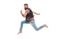 Never stop. Man thief run away. Keep moving concept. Guy bearded hipster captured in running motion isolated on white