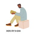 Never stop reading. Man sitting on pouf and reading book. Young trendy bearded man wearing casual clothes. Flat cartoon