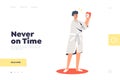 Never on time landing page with woman in bathrobe being late in morning