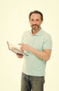 Never too late study. Man mature bearded hold book white background. Useful information. Self education. Home