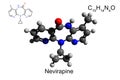 Chemical formula, skeletal formula, and 3D ball-and-stick model of antiviral drug nevirapine, white background