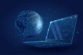 Low poly wireframe Global World. Planet Earth on laptop screen. Royalty Free Stock Photo