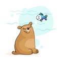 Vector character sticker cute funny bear dreams of a fish