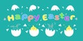 Color vector card with eggs, rabbit and yellow chick for Happy Easter