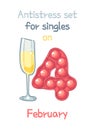 Funny card for Valentine`s Day for singles with a glass of champagne and antistress pop it