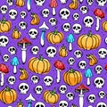 Seamless pattern with pumpkin, skull and mushrooms on color very peri