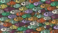 Seamless dark pattern with colorful fish with eyes and scales Royalty Free Stock Photo