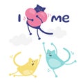 The cat hugs the balloon like a heart, flies into the clouds from cats