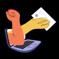 Hand with a letter and a fist threaten from a laptop monitor on a black background Royalty Free Stock Photo