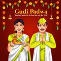 Maharashtrian family celebrate Happy Gudi Padwa festival of India. Greeting card banner for sales advertisement