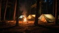 Campfire at Night Surrounded by Tents in a Forest Royalty Free Stock Photo