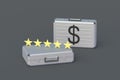 New achievement of service quality. Money suitcase and five rating stars