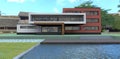 New advanced office building with its own pond. Finishing of a facade a rat brick. Wide staircase. Tech porch. 3d render