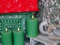 New Advent wreath with green lit LED candles and Christmas decorations Royalty Free Stock Photo