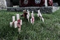 New Alresford, UK - Jan 28 2017: Small wooden crosses with poppies commemorating fallen soldiers, on grass with stone memorial in Royalty Free Stock Photo