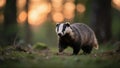 European badger walking in forest clearing during twilight Royalty Free Stock Photo