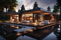 New architecture, modern villa, outdoors view at night scene. AI Generative Royalty Free Stock Photo