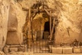 New area with a sarcophagus with a menorah on it in the Cave of the Coffins at Bet She`arim in Israel