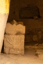 New area with a sarcophagus with a menorah on it in the Cave of the Coffins at Bet She`arim in Israel