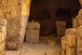 New area with a sarcophagus with a menorah on it in the Cave of the Coffins at Bet She`arim in Israel