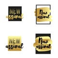 New arrival labels set. Golden textured elements.