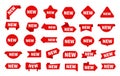 New arrival stickers. Red label shapes for offers, sale tags with text. Flat discount badges and ribbons for discount Royalty Free Stock Photo