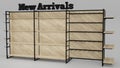 New Arrivals loft-style shopping shelves 3D render. wood and metal