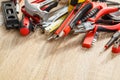 New of assorted work tools on wood with copy space for text Royalty Free Stock Photo