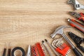 New of assorted work tools on wood with copy space for text Royalty Free Stock Photo