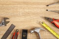 New of assorted work tools on wood with copy space for text Royalty Free Stock Photo