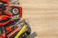 New of assorted work tools on wood with copy space for text Royalty Free Stock Photo