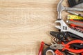 New of assorted work tools on wood with copy space for text Royalty Free Stock Photo