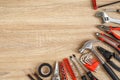 New of assorted work tools on wood with copy space for text Royalty Free Stock Photo