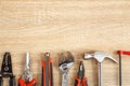 New of assorted work tools on wood with copy space for text Royalty Free Stock Photo