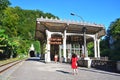 New Athos, Abkhazia, August, 09. 2019. People walking near historical railway station Psyrzkha Psyrtskha