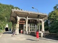 New Athos, Abkhazia, August, 09. 2019. People walking near old railway station Psyrzkha Psyrtskha