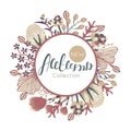 New autumn collection. Fall. Floral round frame. Hand drawn flowers around circle