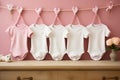 new baby bodysuits on light pink background. Pastel color. Empty place for text or logo on apparel