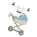 New Baby Born Concept. Air Drone Delivering Modern Blue Baby Carriage, Stroller, Pram. 3d Rendering Royalty Free Stock Photo