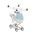 New Baby Born Concept. Air Drone Delivering Modern Blue Baby Carriage, Stroller, Pram. 3d Rendering Royalty Free Stock Photo