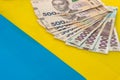 1000 new banknote of Ukraine on yellow blue background. Save and money cocncept Royalty Free Stock Photo