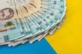 1000 new banknote of Ukraine on yellow blue background. Save and money cocncept Royalty Free Stock Photo