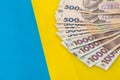 1000 new banknote of Ukraine on yellow blue background. Save and money cocncept Royalty Free Stock Photo